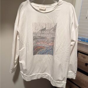 Cartoon White Graphic Crewneck Sweatshirt - "Life Is Beautiful and Amazing"